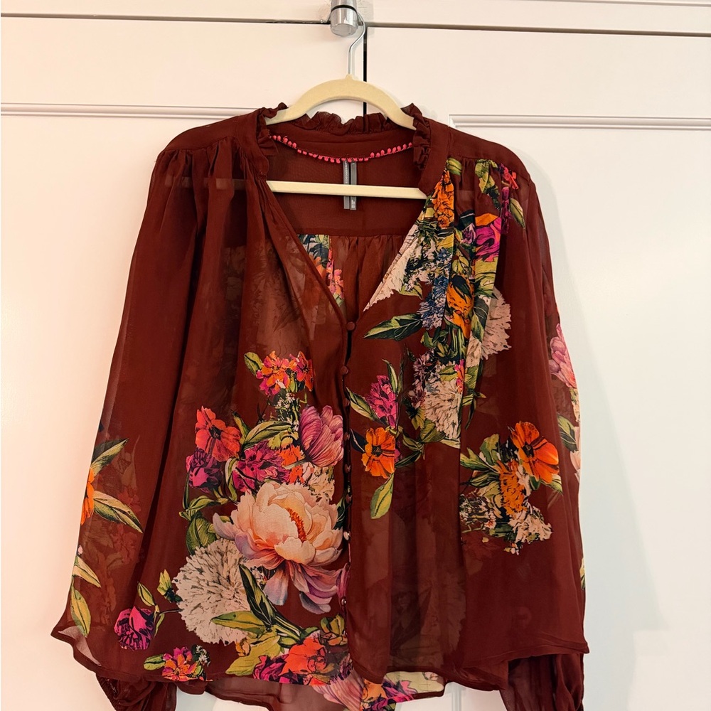 Anthropologie Brown Floral Sheer Blouse
